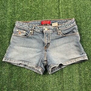 VTG Paris Blues Shorts Women SZ 5 29X2.5 Blue Jean Stretch Micro Mini Mid Y2K